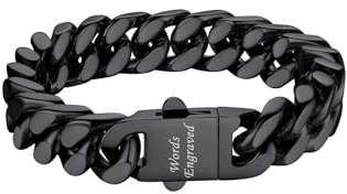 Bestyle Armband Herren 12mm breit Glieder Link Kettenarmband Damen Kubanische Miami Panzerarmband mit Gravur Länge 23cm Schwarz Hip Hop Edelstahlarmband Personalisiertes Geschenke