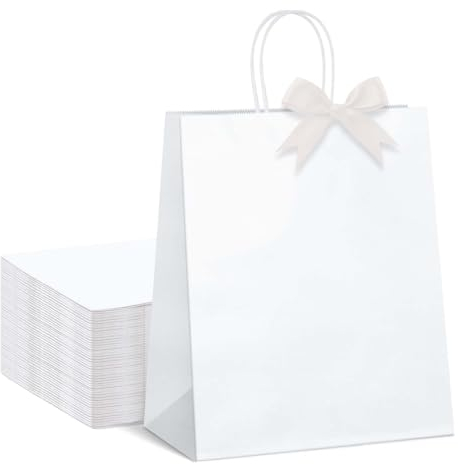 Switory Weiß Papiertüten, 50 Stück Geschenktüten mit Schleifenbändern, Klein Kraftpapiertüten mit Henkel für Geburtstag, Hochzeit, Valentinstag, Einzelhandel, Baby-Dusche, Ostern (21X15X8cm)