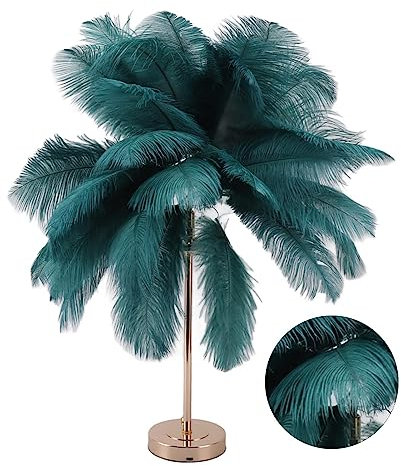 Hyuduo Feder-Tischlampe mit 30 natürlichen Straußenfedern, Wiederaufladbare USB-Schreibtischleuchte mit Touch-Steuerung und Eingebauter Batterie, Dunkelgrün