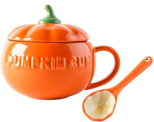 Halloween Kürbis Tassen Mit Deckel Und Löffel, Kürbisbecher Aus Keramik Herbst Tasse Kürbis, Dessert Schüssel Kaffeetassen Milchbecher, Keramik Tasse Wasser Tasse Für Thanksgiving (300ML)