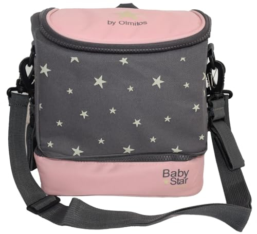 Olmitos - Bolsa bebé isotérmica para Frio y Caliente - Termoaislante para papillas y biberones - 23x21x17 compartimentado (Rosa)