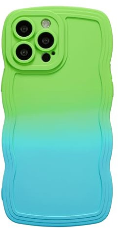 ZCDAYE Compatible with iPhone 13 Pro Max, Cute Neon Rainbow Gradient Color Curly Wave Frame Camera Protection Soft TPU Shockproof Case Cover for iPhone 13 Pro Max (6.7 inch), Green&Blue