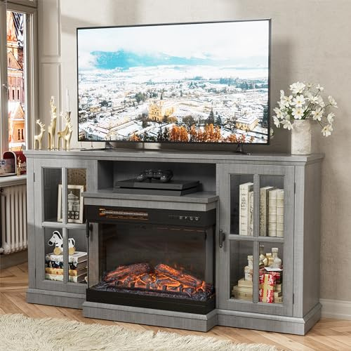JUMMICO Fireplace TV Stand for TVs up to 65'', 3-Sided Glass Media Entertainment Center Console Table with Cabniet Storage Adjustable Flame LED Color for Living Room (Wash Grey)