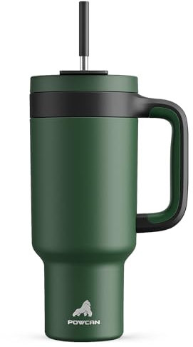 POWCAN Trinkbecher mit Griff, 2-in-1-Strohhalm und Trinkdeckel, auslaufsicher, spülmaschinenfest, isolierter Reise-Kaffeebecher aus Edelstahl, hält 34 Stunden kalt, passt in Auto-Becherhalter (Wald)
