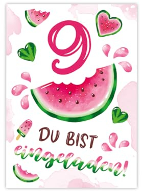 Minkocards 12 Einladungskarten zum 9. Kindergeburtstag Mädchen Wassermelone Einladung neunte Geburtstag Mädchengeburtstag Geburtstagseinladungen