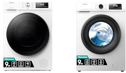 Hisense DHQA902U Asciugatrice A Pompa Di Calore Con Ion Tech, 9 Kg, A++, Oblò Nero, Big Display & WFQP9014EVM - Lavatrice a Carica Frontale 9 Kg, 1200 rpm, Classe C, 15 Programmi, Vapore