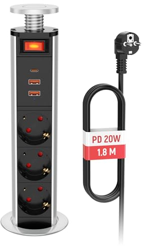 Versenkbare Tischsteckdose USB C PD20W mit Schalter, 3 Fach Einbausteckdose Versenkbar mit USB, Einbau Steckdosenleiste Versenkbar 1.8M Kabel für Arbeitsplatte Büro Küche Werkstatt, 4000W/16A