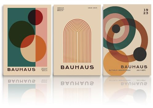 Fchen art Bauhaus-Set mit 3 Drucken, Bauhaus-Wanddekoration, Vintage-Stil, moderne Poster, Retro, geometrische Galerie, Wanddekoration, gerahmte Badezimmer-Wandkunst, Grün, Orange, Beige, 30,5 x 40,6