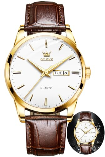 OLEVS Uhren für Herren, stilvoll, Business, Freizeit, analog, Quarzuhr, schwarz/braunes Lederband, leuchtend, wasserdicht, Kalender-Armbanduhr, Braunes Leder und weißes Zifferblatt, Klassisch