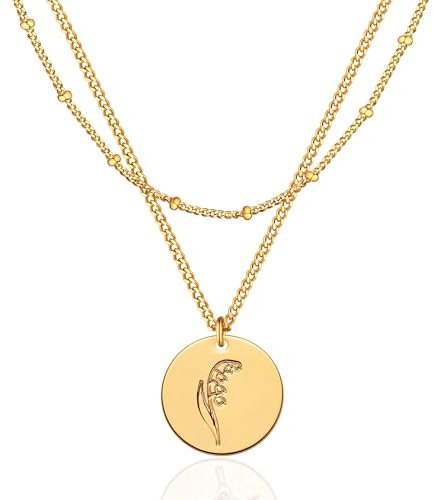 Jenosy 18K Vergoldet Geburt Blume Kette Layered Damen Gold Kette mit Lily May Anhänger Hypoallergene Modeschmuck für Frauen und Mädchen
