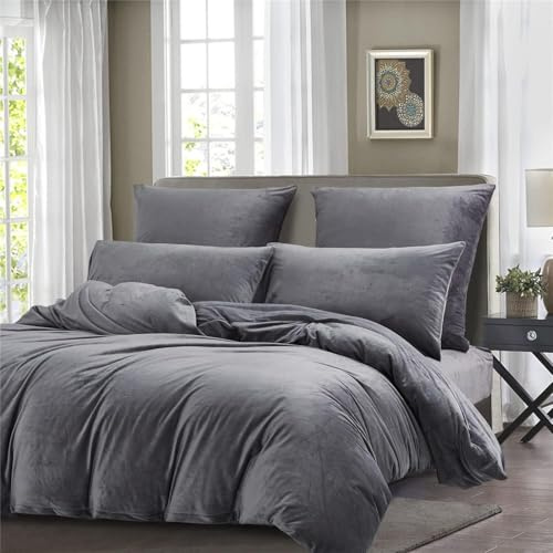 Gezu Set di Biancheria da Letto Invernale 140x200cm Grigio Flanella in Velluto Doppio Facciale Spessa Calda per Adulti, Biancheria da Letto per 1 Persona con 1 Federa per Cuscino 65x65cm con Cerniera