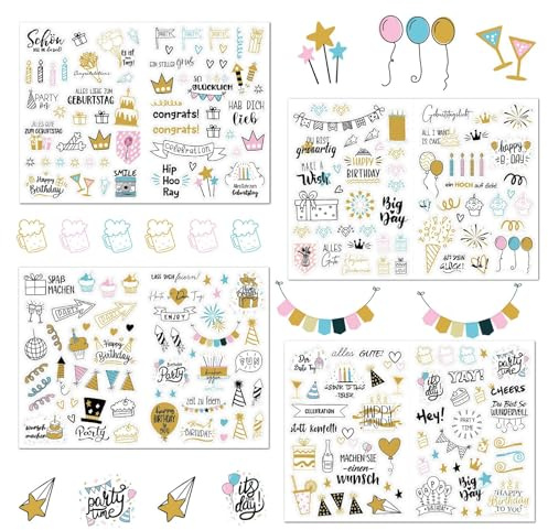 4 Stück Sticker Geburtstag, Happy Birthday Aufkleber, Aufkleber Geburtstag DIY Sticker, Geburtstagskarten und Geschenkaufkleber, Geburtstagssticker Transparenz-Effekt für Scrapbooking (Bunt)