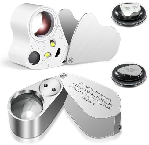 JUOIFIP 2 Pack Juwelier Lupe mit Licht, 30X 40X 60X Beleuchtete Juwelierlupen, Faltbare Schmucklupen mit Hellem LED Licht Vergrößerungsglas für Edelsteine, Schmuck, Münzen, Briefmarken