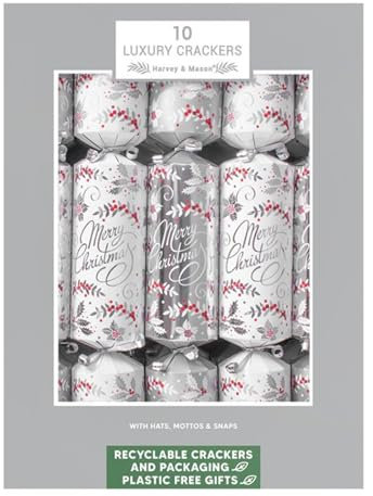 Harvey & Mason Knallbonbons für Weihnachten, Kunststoff, frei und recycelbar, 36 cm, enthält Hut, Geschenk und Motto, 10 Stück