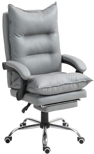 Vinsetto Fauteuil de Bureau, Chaise Bureau Ergonomique en Similicuir avec Large Assise rembourrée, Dossier inclinable, Hauteur réglable, accoudoirs et Repose-Pied intégrés, Charge 135 Kg, Gris Clair