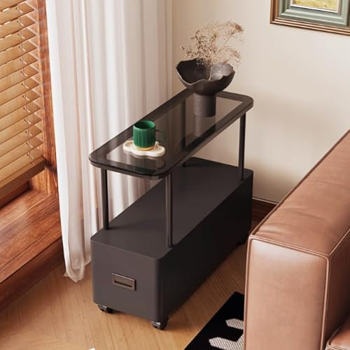 DXDRT Schmale Beistelltische für das Wohnzimmer mit Schubladen, Beistelltische mit Glasplatte und Stauraum für kleine Räume, Nachttisch mit Rollen,Grau,60x20x60cm