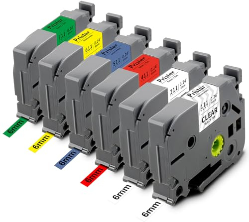 Pristar 6er-Pack Kompatible Tze 6mm Schriftband für Brother TZe-111 TZe-211 TZe-411 TZe-511 TZe-611 TZe-711 Tz Laminated für Brother Ptouch PT-H105 PT-H107 PT-1010 PT-1000 PT-D400 D210 D200 E110
