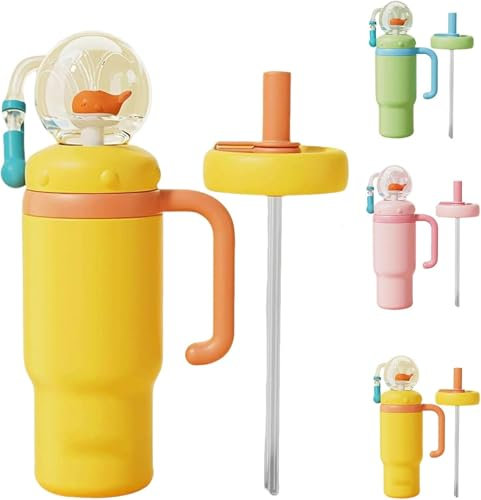 Hvjwfu 24oz Stainless Steel Whale Fountain Tumbler with Handle, Cute Fountain Tumbler with Fun Fountain Effect, Two Lids, Spill-Proof, Dishwasher Safe for Kids, Teens & Adults-Yellow