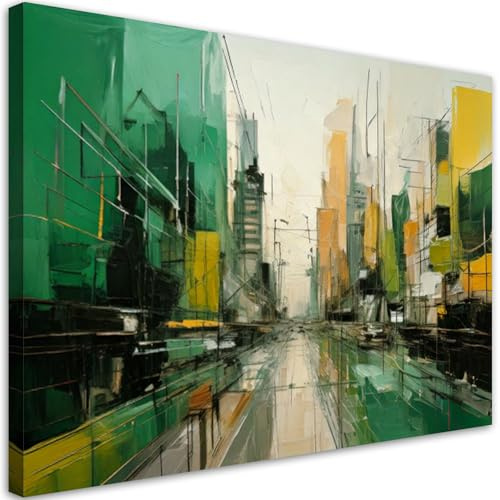 Feeby Bilder - Foto Geschenk - Abstrakte Stadt grün und gelb - 45x30 1tlg - Leinwandbilder Wohnzimmer - Wandbild über dem Bett - Bild Schlafzimmer - Aesthetic Zimmer Deko - Modern Pictures
