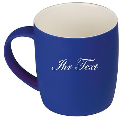 Tasse aus Porzellan/Außen gummiert/ 300ml – schwarz/Personalisiert/Geschenkverpackung/mit Tier-Motiven/oder nur Text Lasergravur (Blau, Nur Schrift (Henkel links))