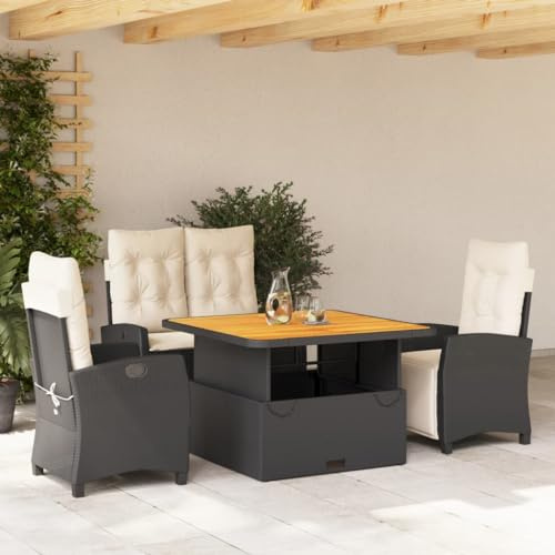 QJBSAVVA 4-TLG Gartenmöbel Set Schwarz Poly Rattan Höhenverstellbarer Tisch 110x110 cm Verstellbare Rückenlehne Robust für Balkon Terrasse Outdoor