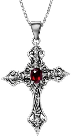 Faruodis Kristall Kreuz Anhänger Halskette Strass Gothic Punk Kruzifix Halskette Kette Religiös Christ beten Schmuck für Damen Frauen Männer (Rot)
