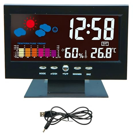 Syfunlv Wetterstation Funk mit Außensensor,Digitale Wanduhr mit Temperatur Datum Innen Außen,Akkubetriebene Digitale Funkuhr mit Wecker,für Schlafzimmer, Leicht Ablesbar, Schwarz(Stil 2)
