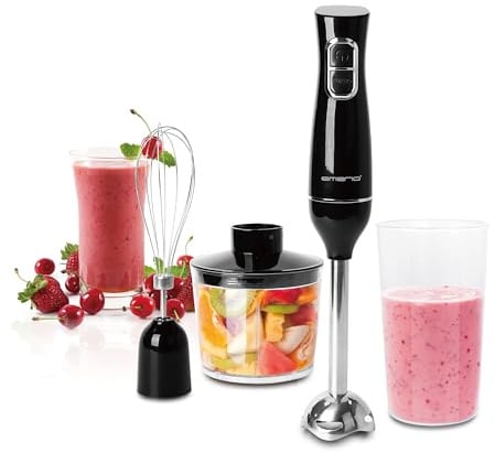 EMERIO Stabmixer Set 4-in-1 mit 2 Geschwindigkeiten + TURBO Funktion | Edelstahl | Stabmixer + Schneebesen + 500ml Multi-Zerkleinerer + 700ml Messbecher | 1,2m Kabel | kraftvolle 400W | HB-130492