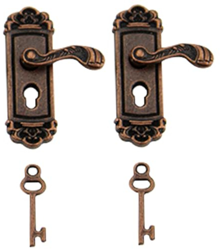 Wxyestna Miniature Door Handle with Mini Key 2 Sets 1:12 Dollhouse Door Knocker Metal Mini Furniture Accessories Bronze