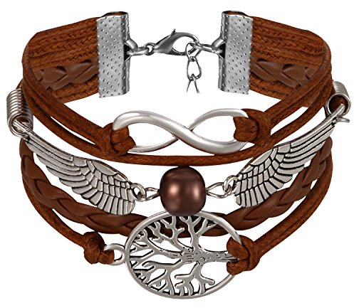 JewelryWe Schmuck Freundschaft Armband, Vintage Engelsflügel Baum des Lebens Infinity Unendlichkeit Zeichen Leder Legierung Seil Charm Armreif Wickelarmband, Braun Silber