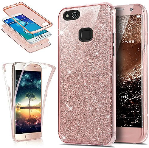 Kompatibel mit Huawei P10 Lite Hülle Schutzhülle Case,Full-Body 360 Grad Bling Glänzend Glitzer Durchsichtige TPU Silikon Hülle Handyhülle Tasche Front Cover Schutzhülle für Huawei P10 Lite,Rose Gold