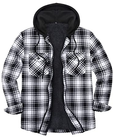 ZENTHACE Herrenjacke mit Sherpa-Futter, durchgehender Reißverschluss, kariert schwarz/weiß L