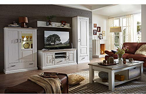 Lomadox Wohnwand im Landhausstil inkl. LED-Beleuchtung in Pinie weiß mit Abs. Taupe