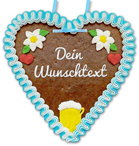 Individuelles Lebkuchenherz 21 x 22cm mit Wunschtext online konfigurieren - Farbe: blau-weiß - bayrische Deko mit Bierkrug und Edelweiß - persönliches Wiesn-Geschenk