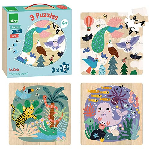 Vilac 3 Wooden Animal Jigsaw Puzzles, 4 Years+, 16-Pieces each - Sea, Earth, Sky