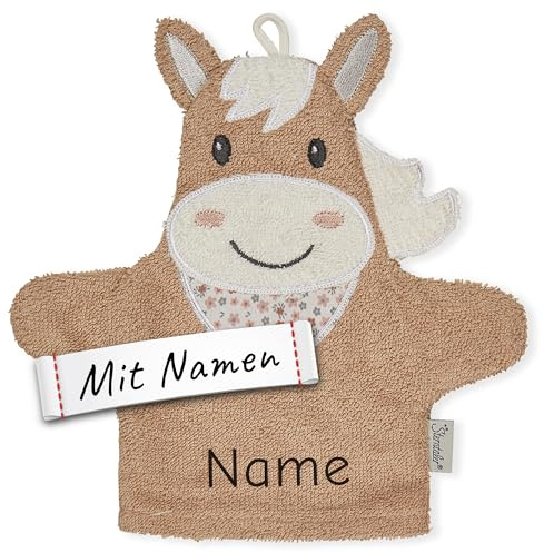 Sterntaler Pony Pferd Spiel-Waschhandschuh mit Namen bestickt, Mädchen Waschlappen für Kinder & Babys personalisiert
