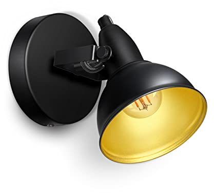 1 Flammig E14 LED Wandleuchte innen, Vintage Verstellbare Deckenstrahler 230V, Schwarz matt Gold Industrial Deckenlampe