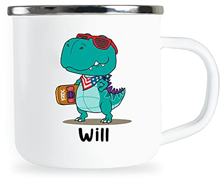 Willi - Taza para niños con nombre y divertido dinosaurio, esmaltada, regalo individual para cumpleaños de niño o niña, taza de metal esmaltada