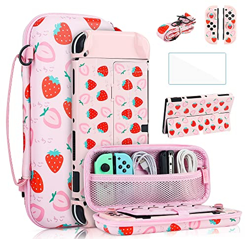 FANPL custodia per Nintendo Switch OLED 2021, custodia protettiva rosa con custodia da viaggio, custodia per PC, tracolla regolabile, impugnatura per pollice, protezione dello schermo (fragola)