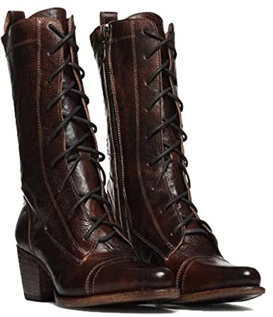 Mooke Vintage Gothic Damen Stiefel Spitzer Zeh Mitte Der Wade Pu-Leder Stretch Gekreuzt Schnürung High Heel Stiefel Cosplay Schuhe,Braun,39