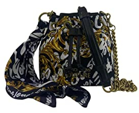 VERSACE JEANS COUTURE Eimertasche aus schwarzem Nylon mit Aufdruck Space Couture Logo mit Schultergurt. Passender Halstuch abnehmbar, Verschluss Tasche mit Kordelzug, Größe: 24 x 22 cm, Schwarz ,