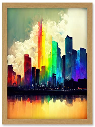 Doppelganger33 LTD Glass City Of Rainbow Reflections Cityscape Artwork Framed Wall Art Print A4