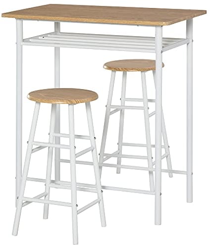 HOMCOM Juego de Mueble de Bar Set de Mesa Alta y 2 Taburetes con Estante de Almacenamiento y Marco de Metal para Cocina Comedor 80x50x90 cm Blanco