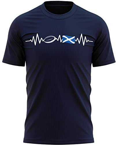 Scotland Flag Heartbeat Rugby T Shirt Mens Scottish Football Rugby Supporter Tee Top, XL, Navy