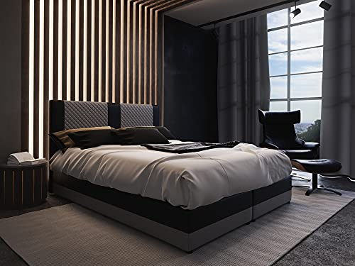 ALTDECOR Boxspringbett mit Multipocket-Matratze H4 (20 cm hoch) mit PUR + Kokosmatte, Topper (4 cm hoch), Polsterbett mit Kopfteil und Bettkasten - Pedo - 180x200 - Grau/Schwarz Kunstleder
