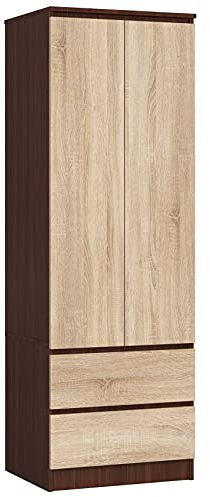 AKORD Kleiderschrank Star S | Zweitürig S 60 cm | 2 Schubladen mit Regalen und Einer Kleiderstange | für Kleiderschränke Schlafzimmer | Laminatplatte 16 mm Farbe Wenge/Sonoma
