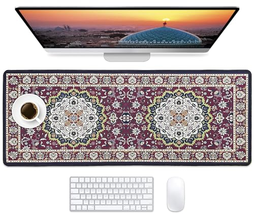 Persian Rug Gaming-Mauspad, groß, Computer-Laptop, Bohemian-Teppich-Stil, Mauspad mit genähten Kanten und rutschfester Gummiunterseite, verlängerte lange Schreibtischunterlage, Schutz für Büro und