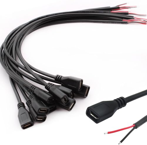 VISSQH 10 Pièces micro Queue de cochon USB,22AWG 3A câbles micro USB femelle,USB rallonge de câble,prise USB soudable avec extrémité ouverte,pour les bricoleurs (30cm)