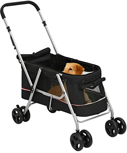 FENLAX Hundewagen Faltbar Schwarz Leinenstoff 100x49x96 cm Hundebuggy für Kleine Hunde Wagen für Katzen Katzenwagen für Draußen Wagen für Hunde Haustier-Buggy für Hunde und Andere Haustiere