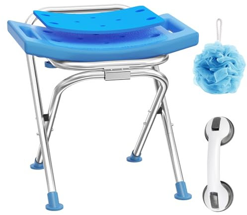 Medhelp Upgraded Folding Shower Chair, Stainless Steel Foldable Shower Seat for Inside Bathtub, Lightweight & Portable Travel Shower Stool, Anti-Slip Feet Bath Chair for Elderly, Disabled, Injured
